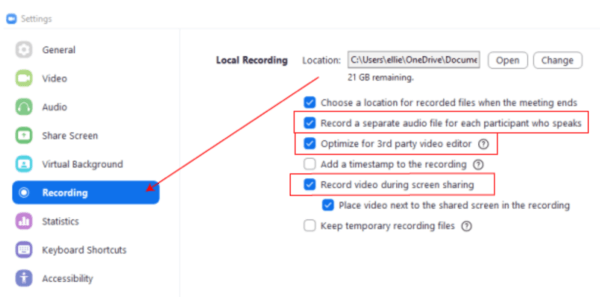 Select the correct Recording settings