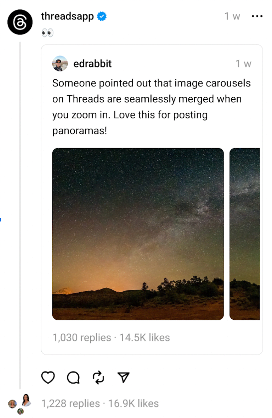 Threads reshared carousel post with the image of a starry night over two photos